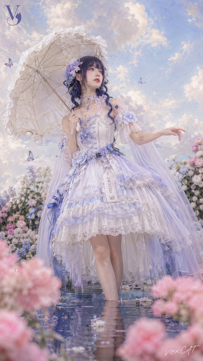 自定义角色，梦幻童话洛丽塔人像，真人写实结合柔和油画插画感，9:16 竖版，花园与浅水倒影场景，前景粉色花朵虚化，中景人