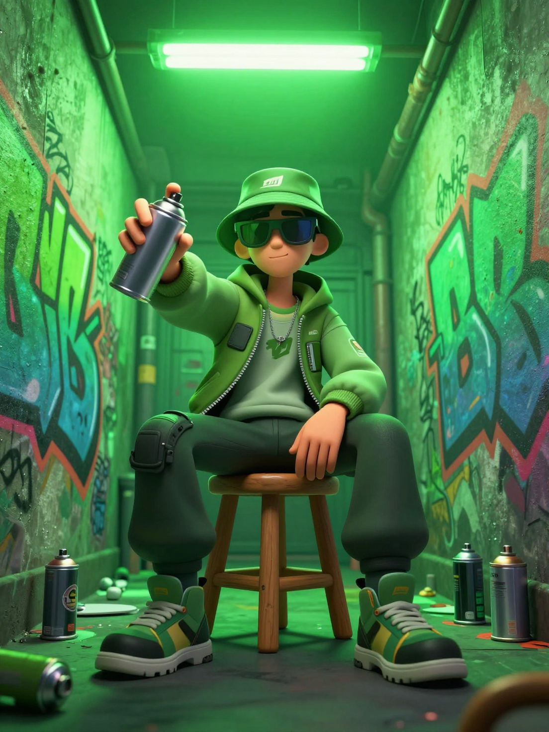 A stylized 3D character with a street-art aesthetic sits on