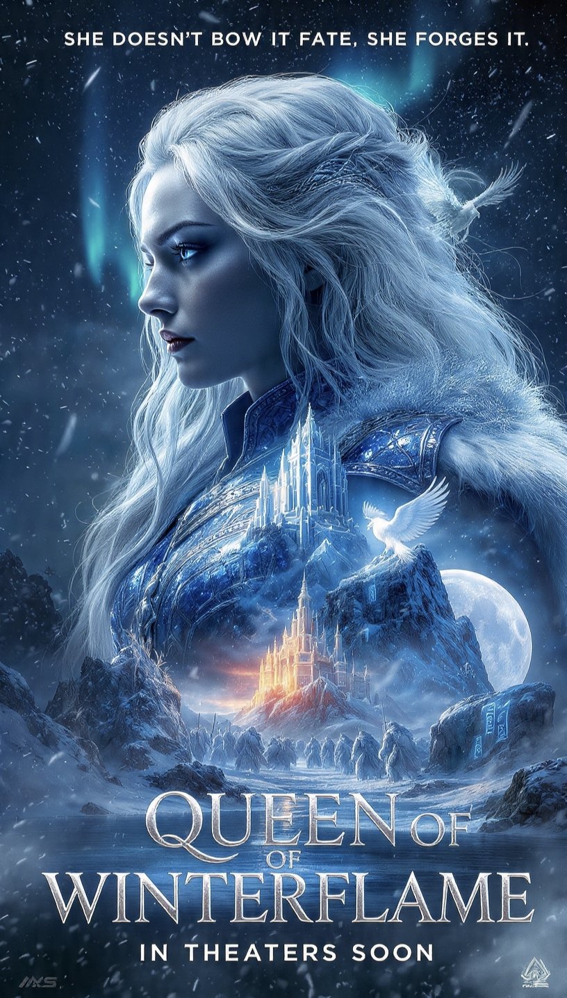 A cinematic fantasy movie poster for "Queen of Winterflame,"