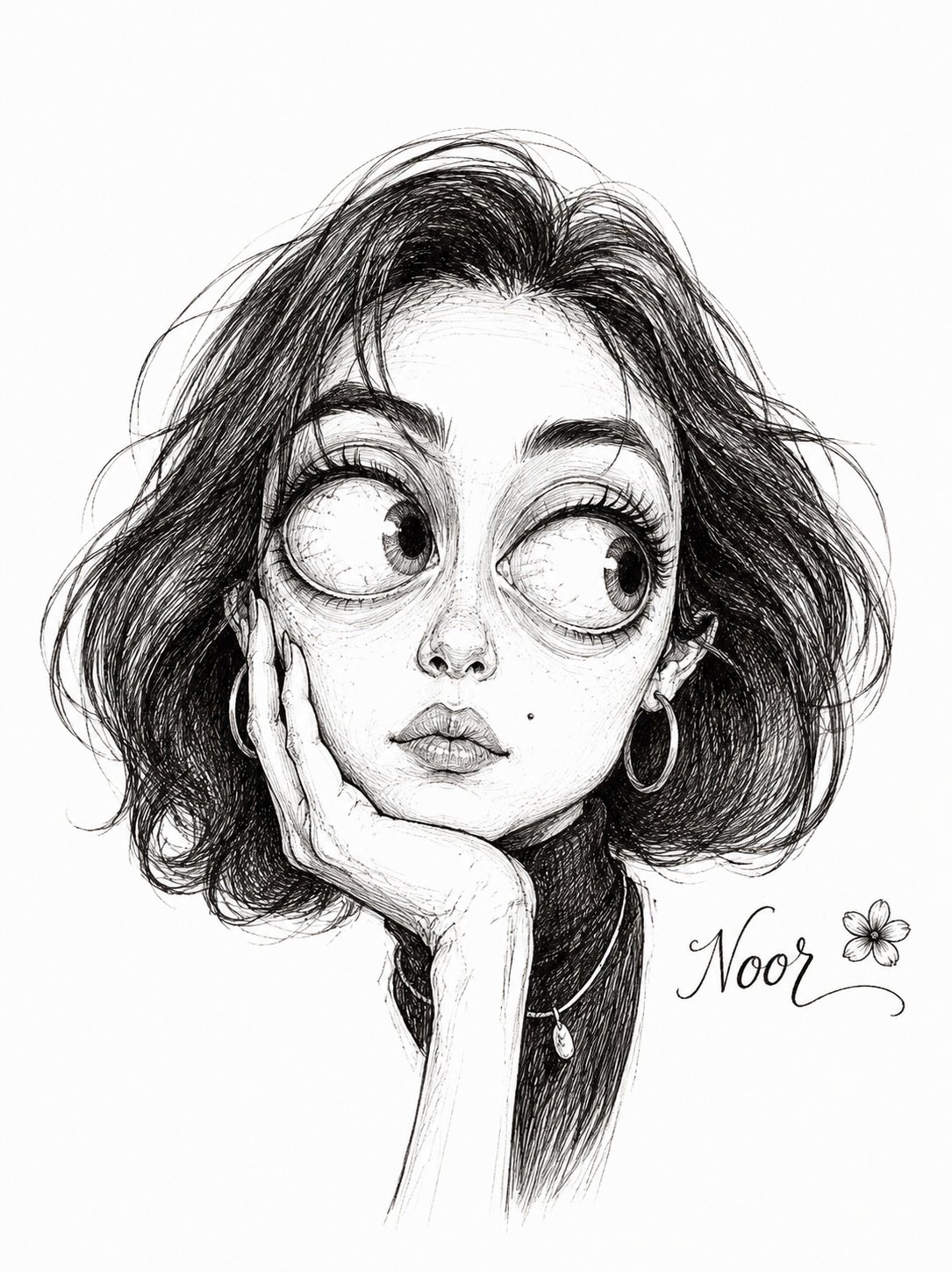 Exaggerated black and white pen ink caricature artistic port