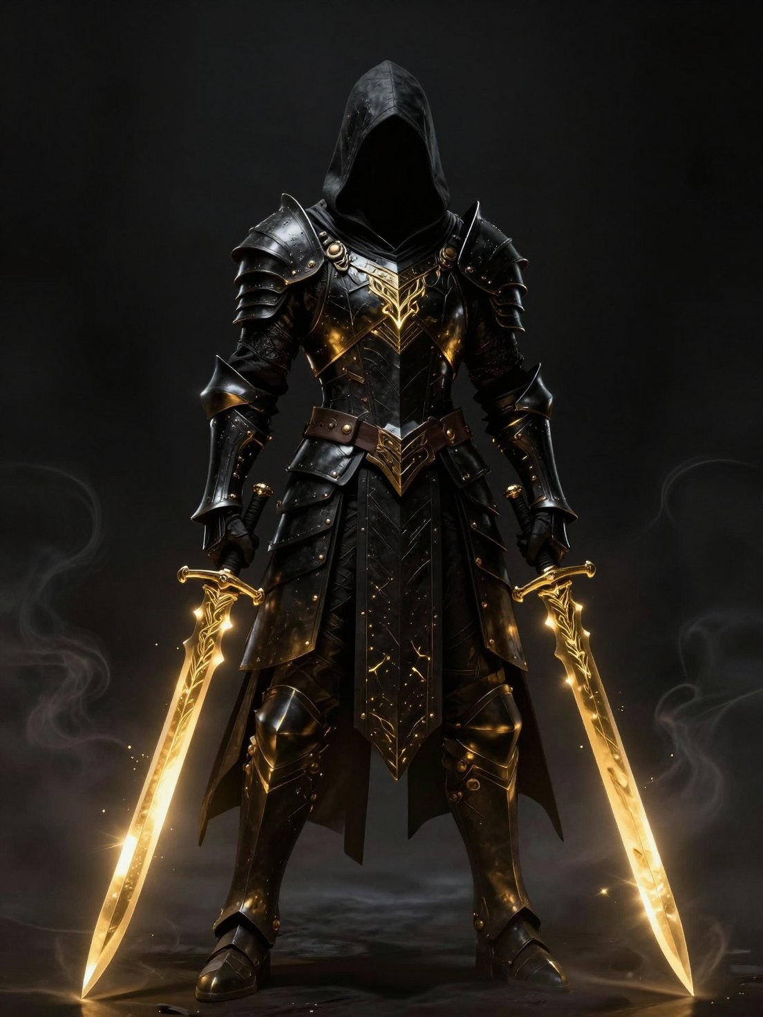A hooded assassin stands in a void, encased in intricate bla