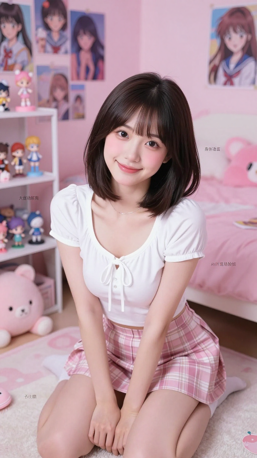 {  "meta": {    "style": "nostalgic kawaii bedroom portrait"