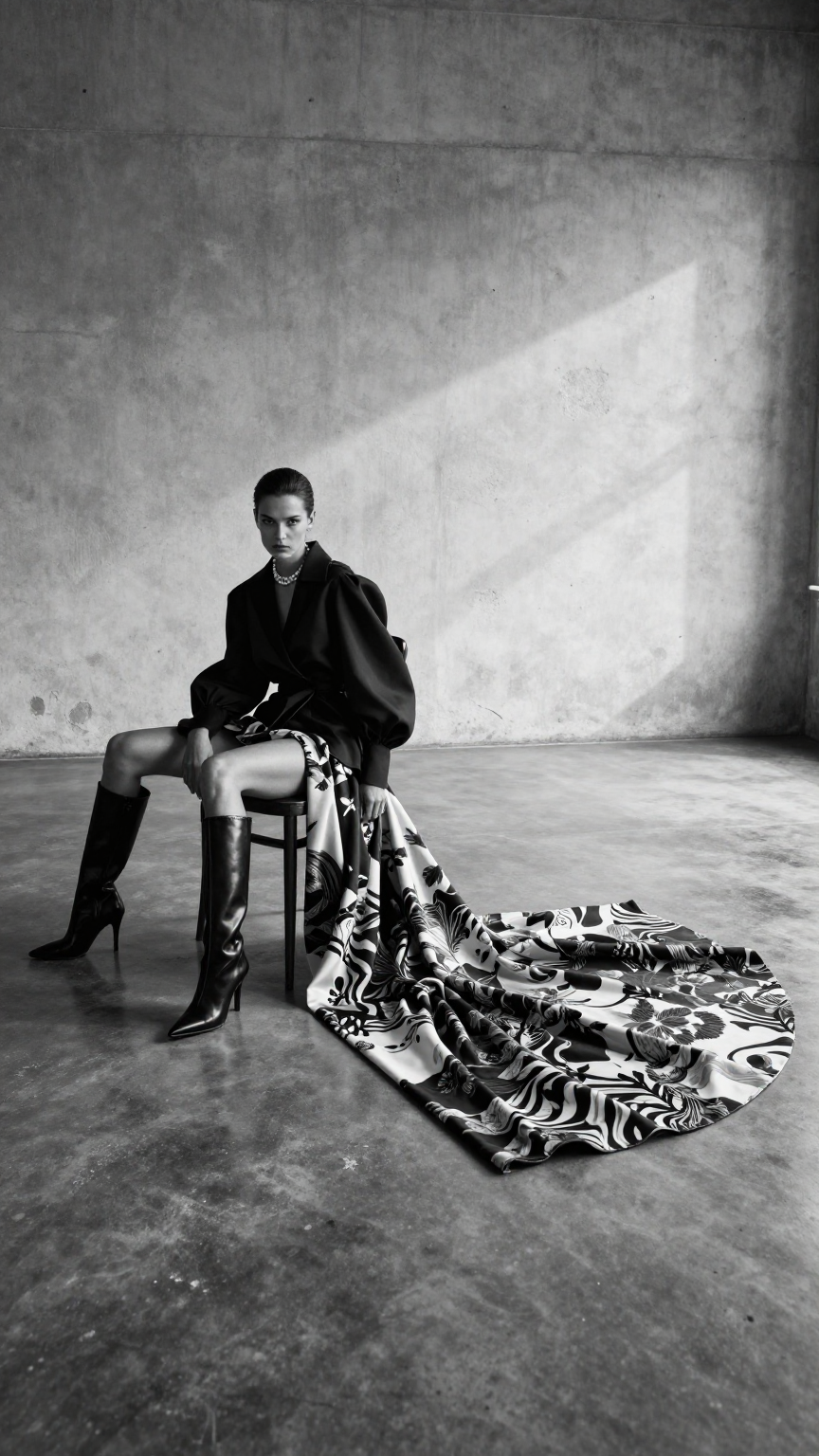 Create an ultra-realistic black-and-white high-fashion edito