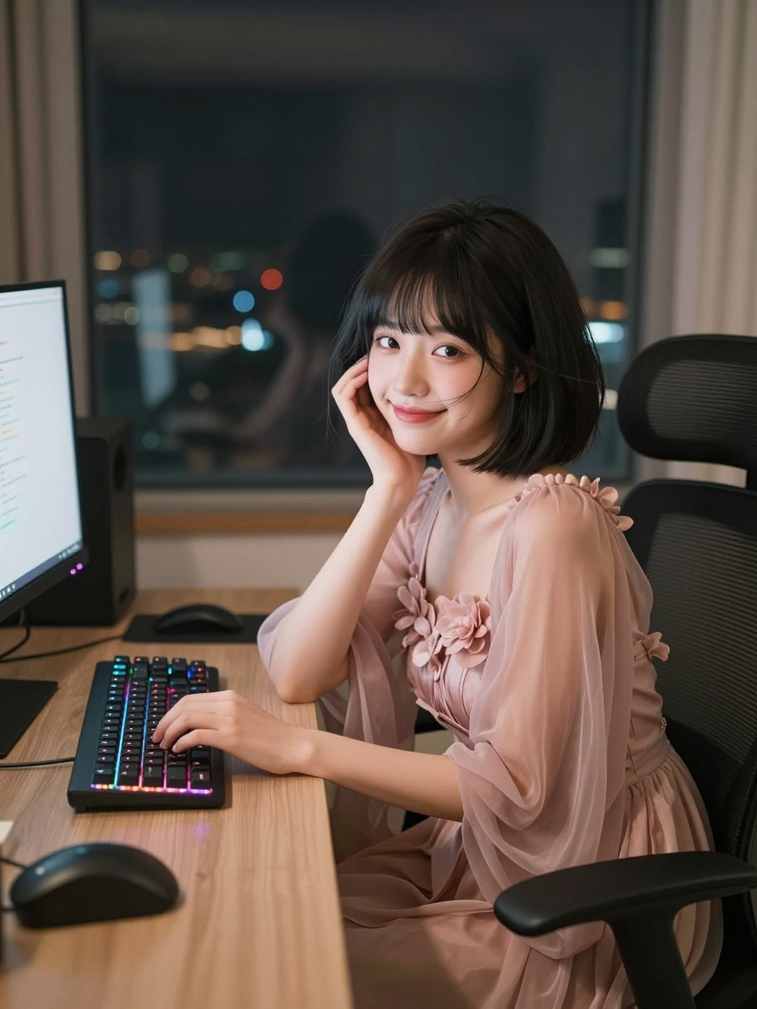 A young East Asian woman with a short black bob haircut and 