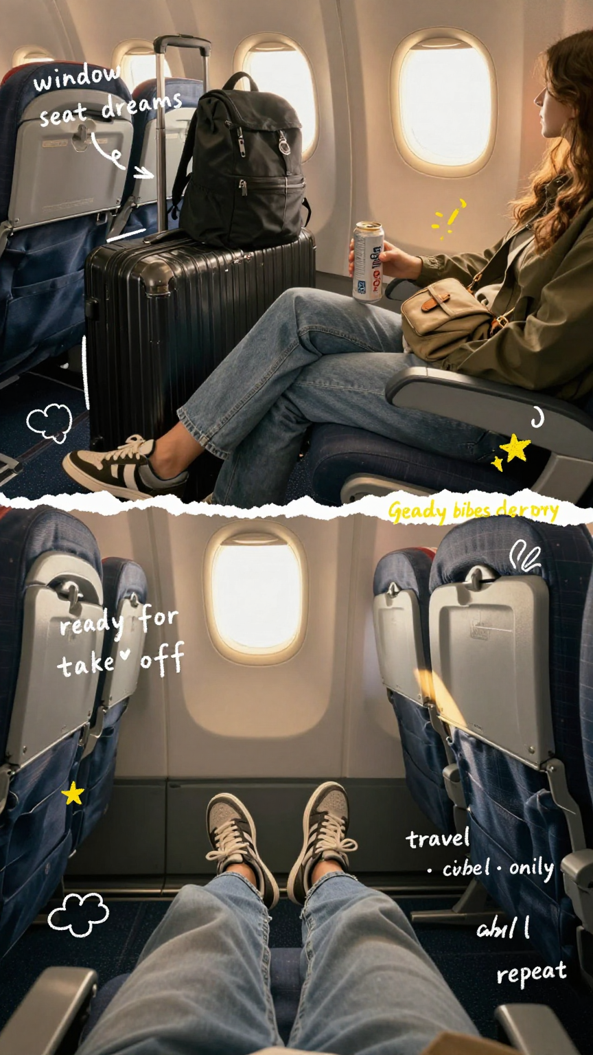 POV travel photography of a person sitting at an airport and