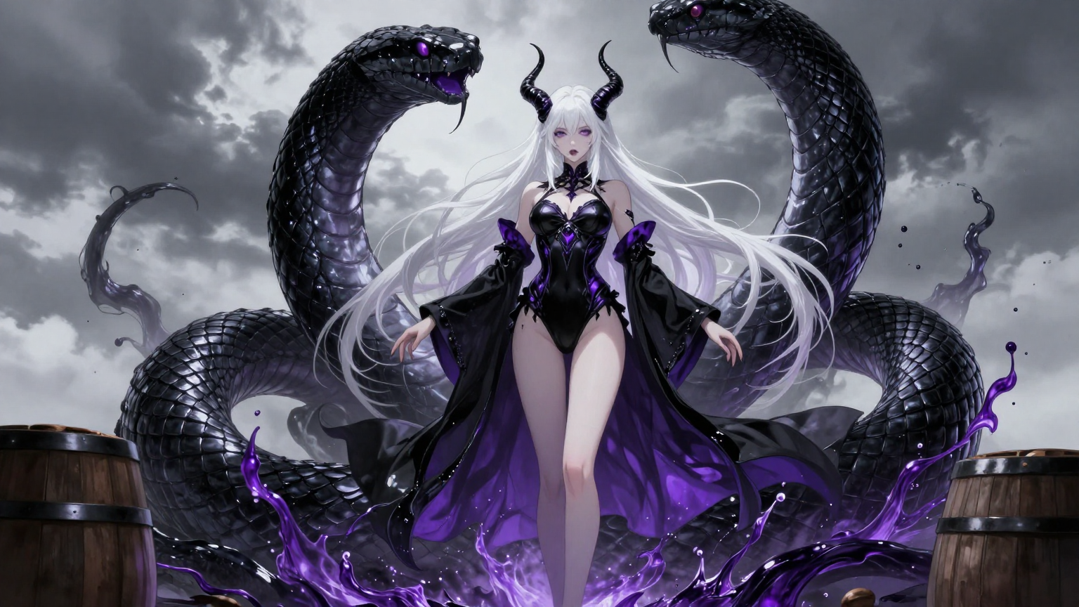 A pale, ethereal succubus with long white hair and sharp hor