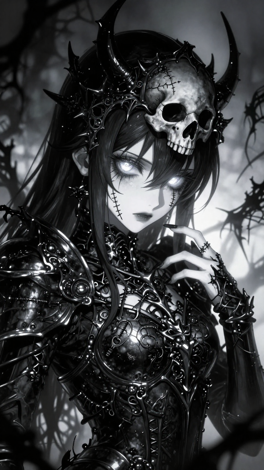 A dark, gothic anime-style character with a porcelain-white 