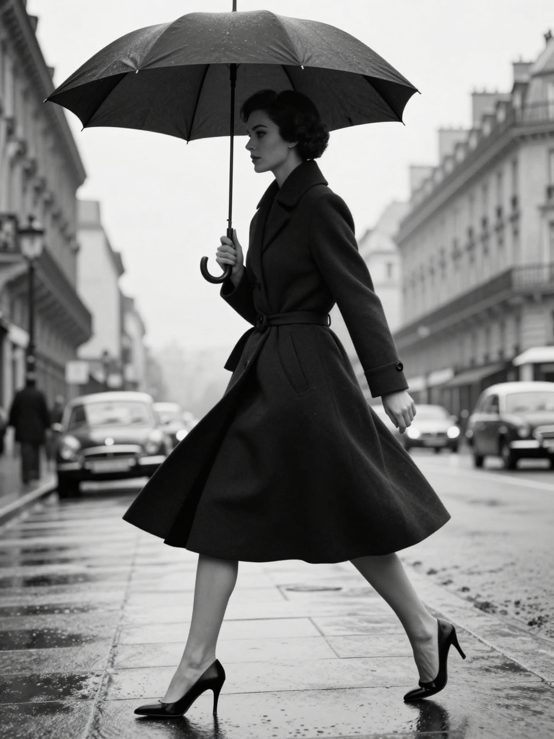 Create a black-and-white high-fashion editorial street photo