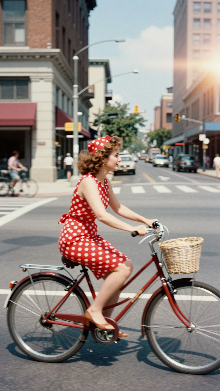 urban summer film photography, eye level composition, 1950 v