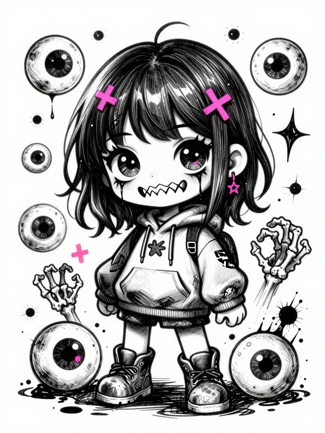 black and white ink sketch illustration, chibi horror girl w