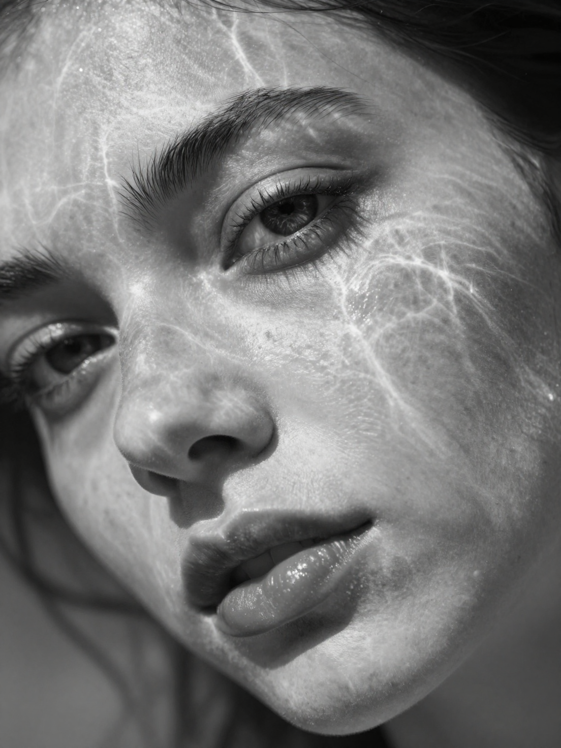 A hyperrealistic 8K black and white extreme close-up portrai